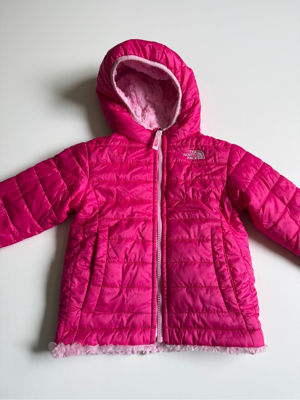 The North Face Girls Reversible Pink Mossbud Swirl Quilted Hooded Jacket- 3T